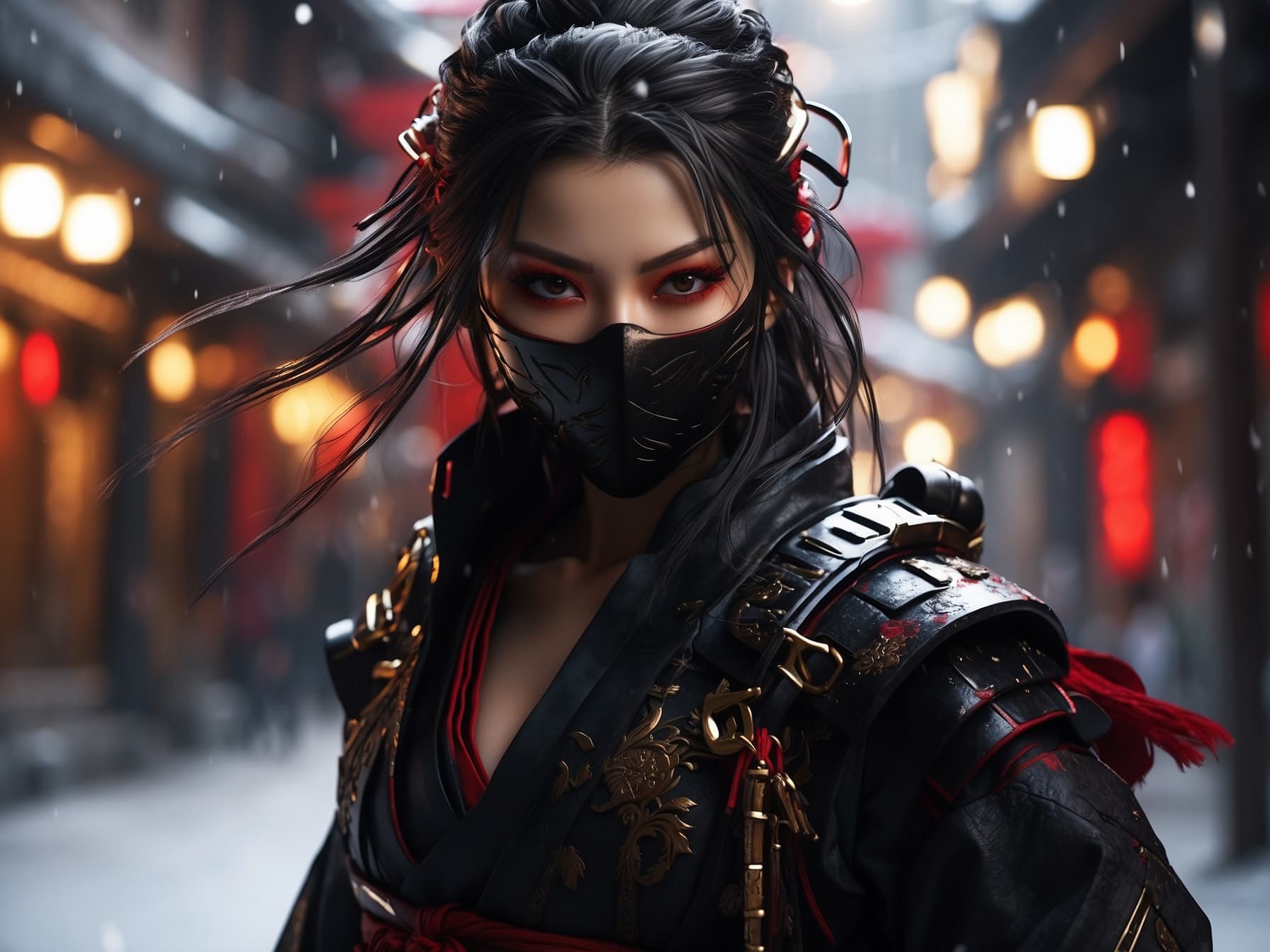 AI generated: a geisha ninja using black mask and a black outfit, cyberpunk art by Huang Guangjian, cgsociety, fan...