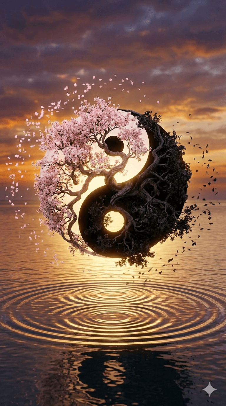 AI generated: A cinematic yin yang symbol floating above calm ocean water at sunset,vertical rotation flipping up ...