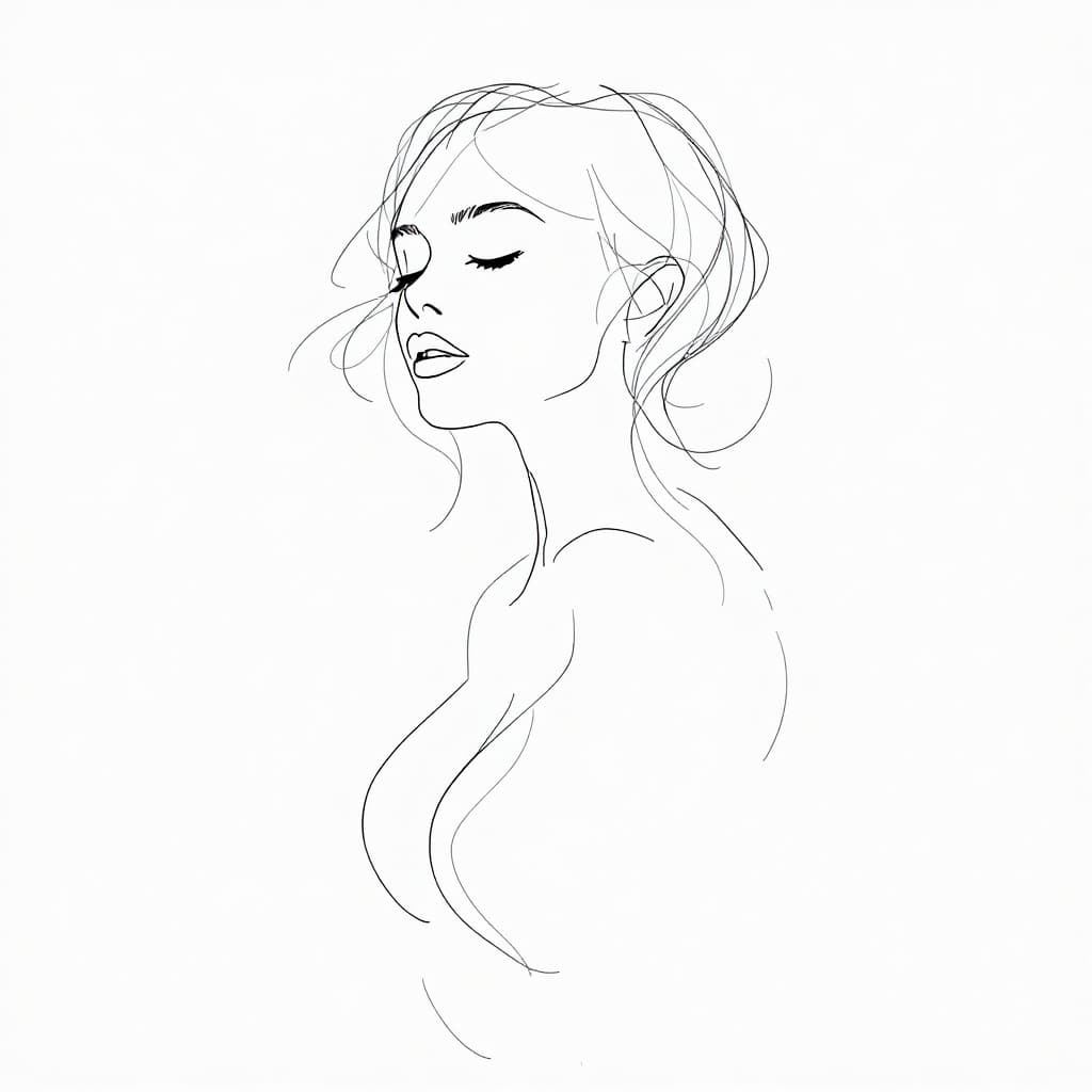 AI generated: Create a minimalist, abstract sketch of a woman, using very basic and delicate lines to define her f...