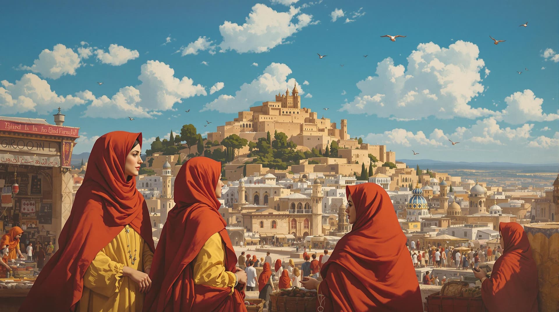 AI generated: a painting of a bustling marketplace in a Middle Eastern city. The two women in the foreground are w...