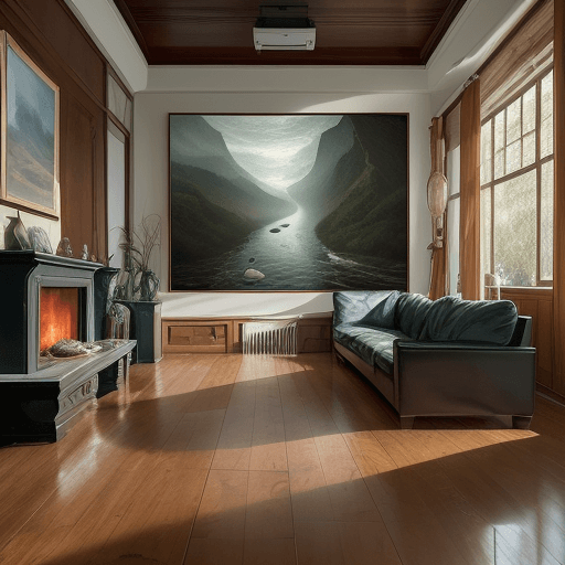 AI generated: A surreal photograph of a river floating out of an oil painting on a living room wall and spilling o...