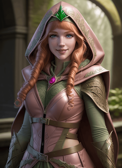AI generated: ultra realistic ranger elf, hooded pink leather outfit!!! long curly strawberry blonde hair!! bangs,...