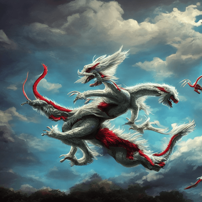 AI generated: Photo of a white chinese dragon and red chinese dragon, dancing and flying mid-air, beautiful midnig...