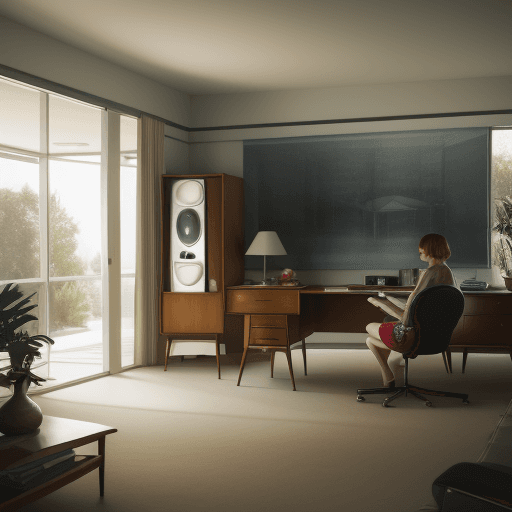 AI generated: Hyper realistic eye level interior photo  of a mid century modern style house, too disorganised, day...