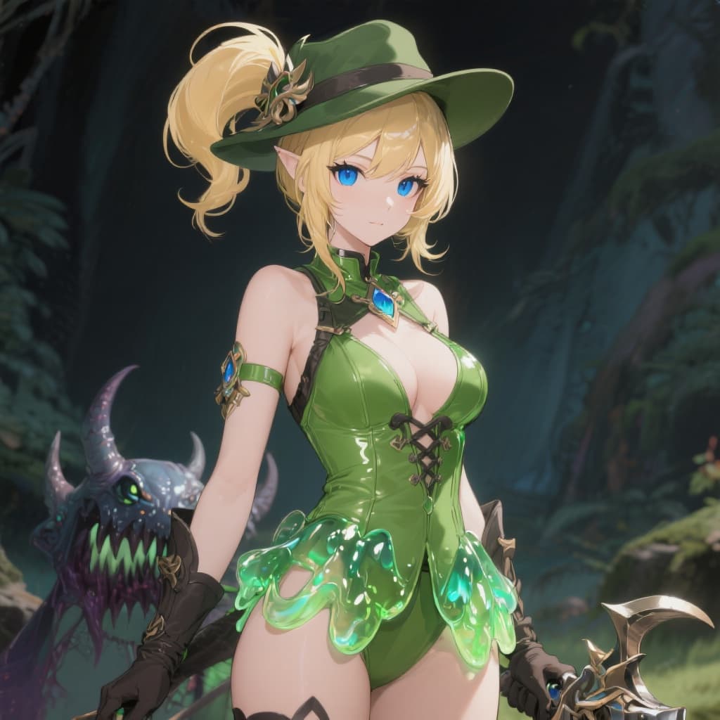 AI generated: score_9, score_8_up, score_7_up, Smooth 2, Anime 2, jelly outfit, jeldan, (((a woman in a green outf...