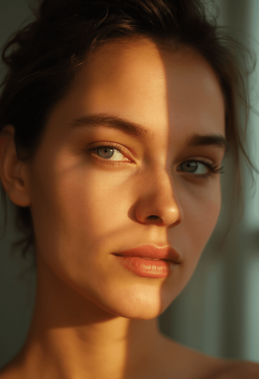 AI generated: An extreme close-up portrait of a woman with smooth, glowing skin, captured in natural light filteri...
