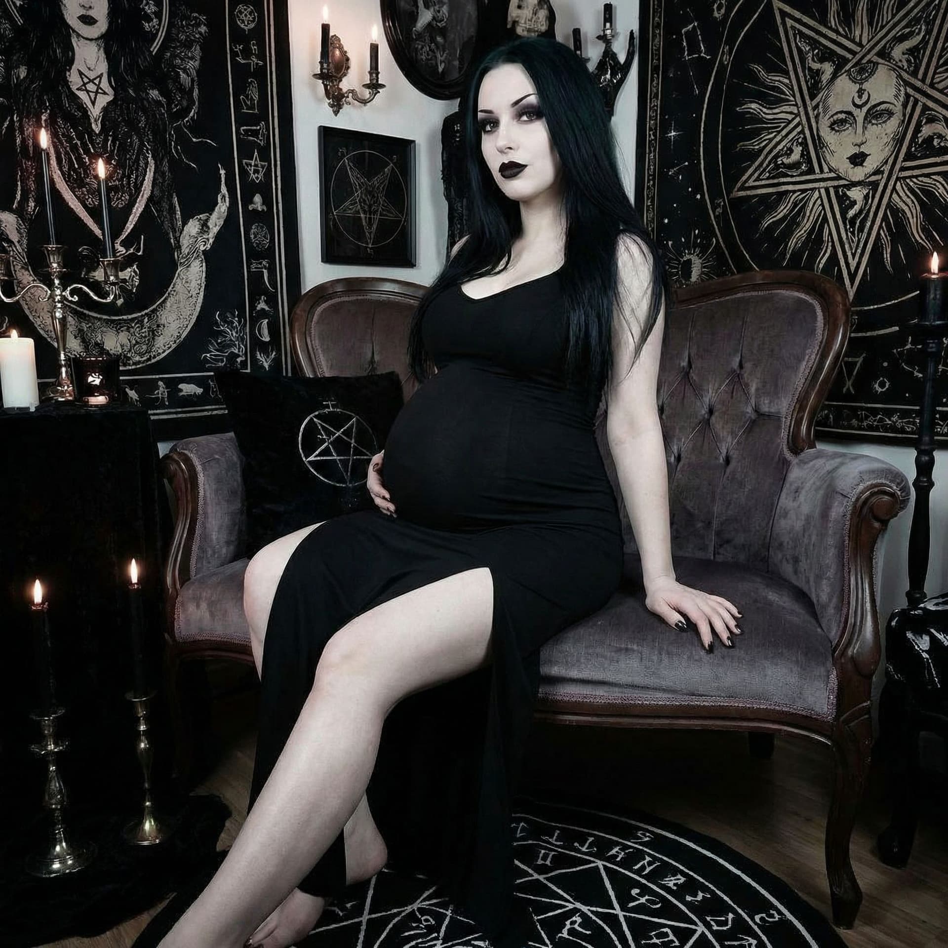AI generated: a goth girl, she has black hair and lips, and she is wearing a tight double split dress, and she is ...