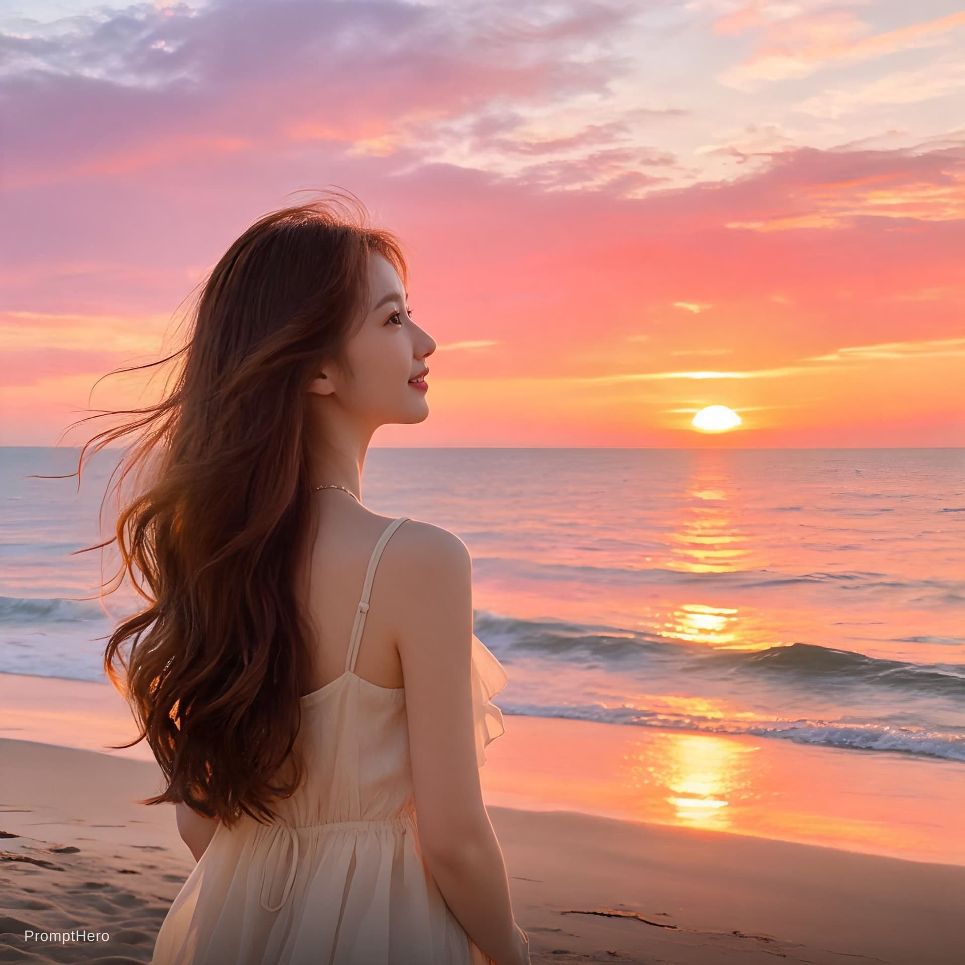 AI generated: pretty woman admiring the sundown