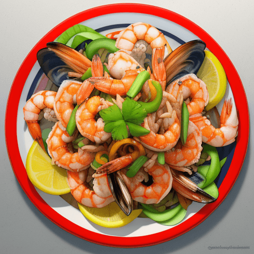 AI generated: Generate 3d hyper-realistic, vibrant stir-fry seafood dish using the following Thailand's ingredient...