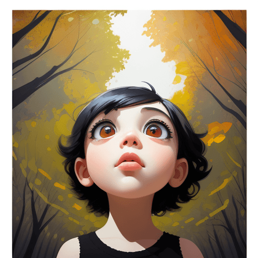 AI generated: creative painting of a New York child with large eyes with thick, long black eyelashes, looking up, ...