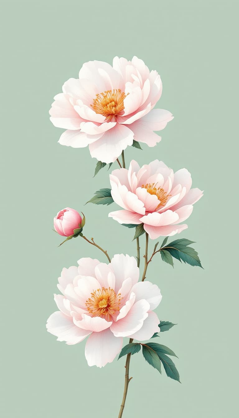 AI generated: Pale pink peony flowers, light green background, Chinese embroidery style, exquisite craftsmanship, ...