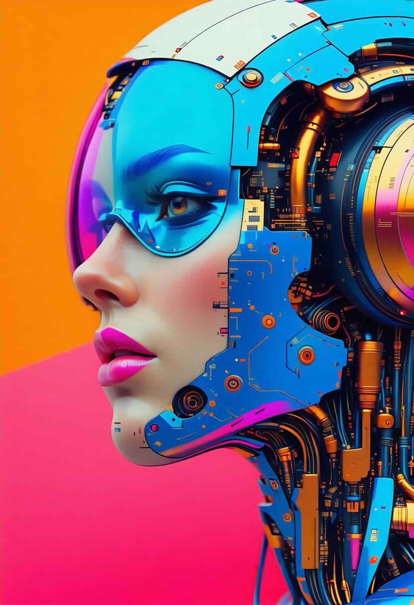 AI generated: female with a futuristic-looking face, in the style of fantastical contraptions, algorithmic artistr...
