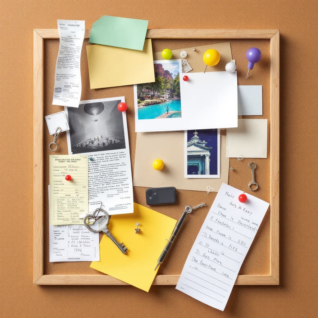 AI generated: Create a 3D illusion of a bulletin board with postcards, pins, receipts, and keys all seemingly real