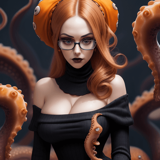AI generated: professional portrait, gothic octopus, wearing glasses and an orange top, gorgeous figure, interesti...
