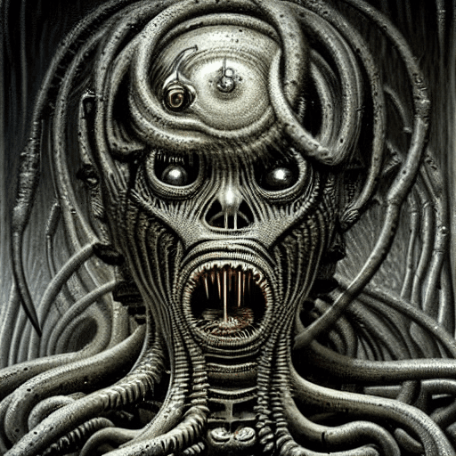 AI generated: In a dark and disturbing scenario that draws influences from H.R. Giger and H.p. Lovecraft, A distur...