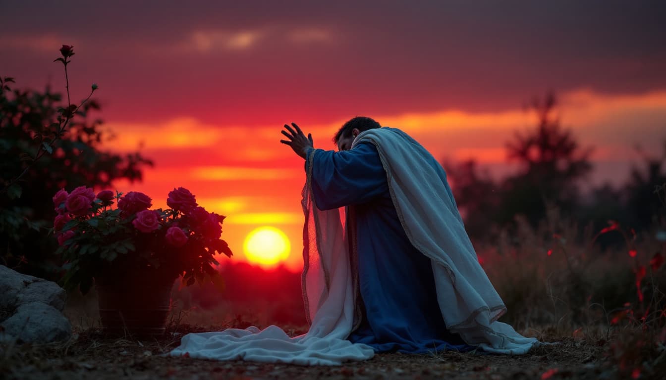 AI generated: hyper realistic Shot. Shot: The man reaches toward the fading sun, a single tear glistening, his sha...