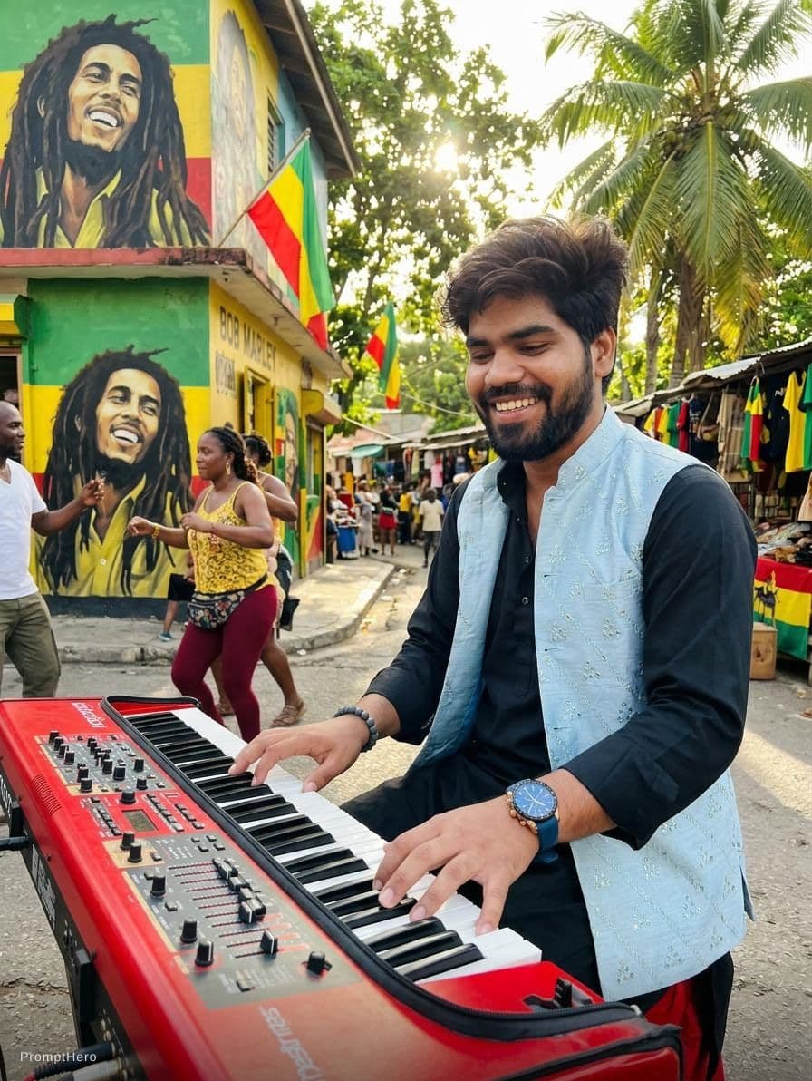 AI generated: a piano player in jamaica vibes 
