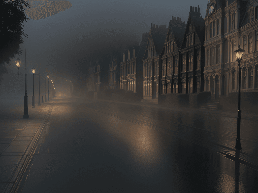 AI generated: (masterpiece of the highest quality:1.2), (ultra detailed), Victorian era, night, foggy London backs...