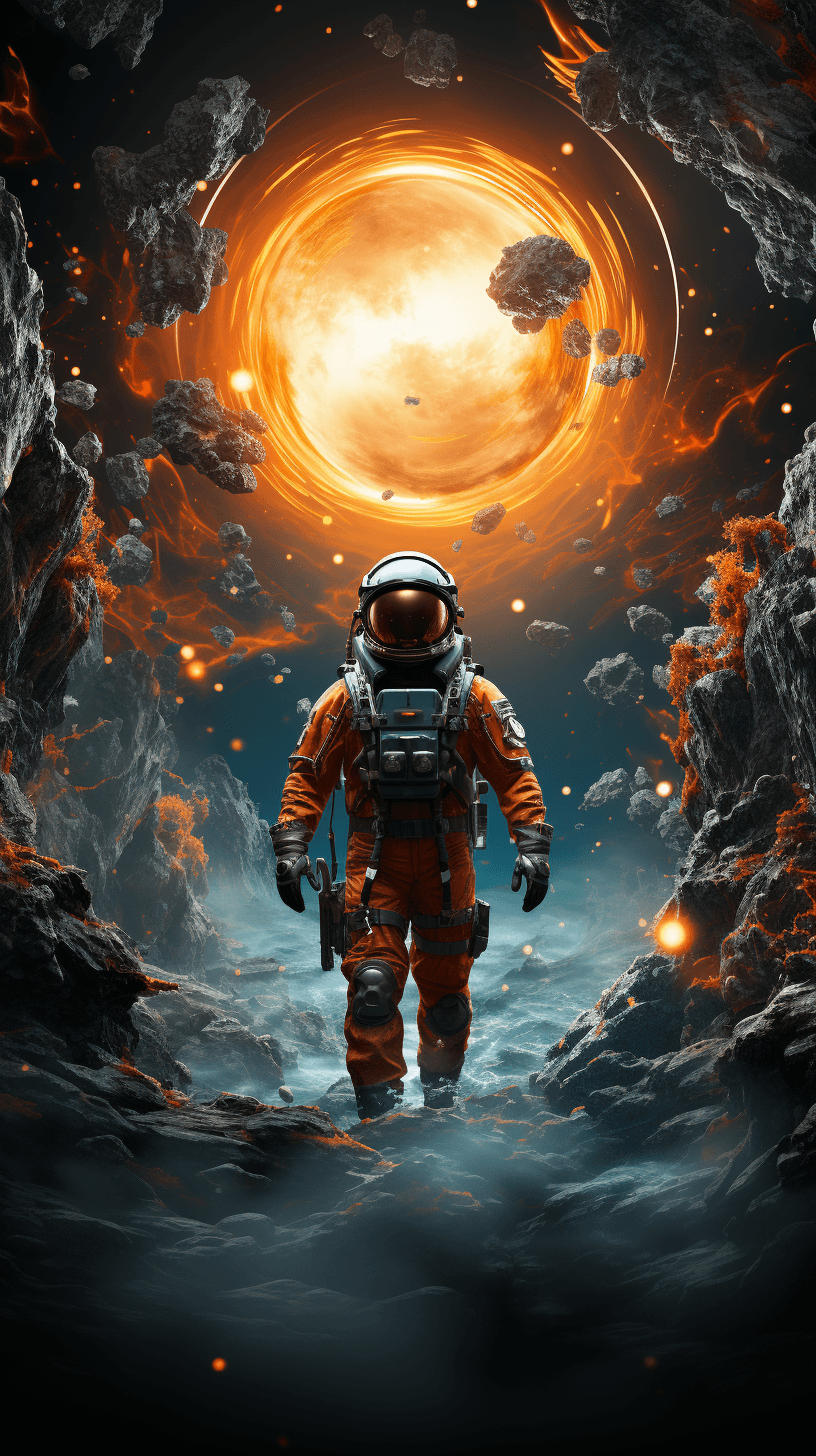 AI generated: An adventurous human character wearing an advanced space exploration suit, exploring uncharted plane...