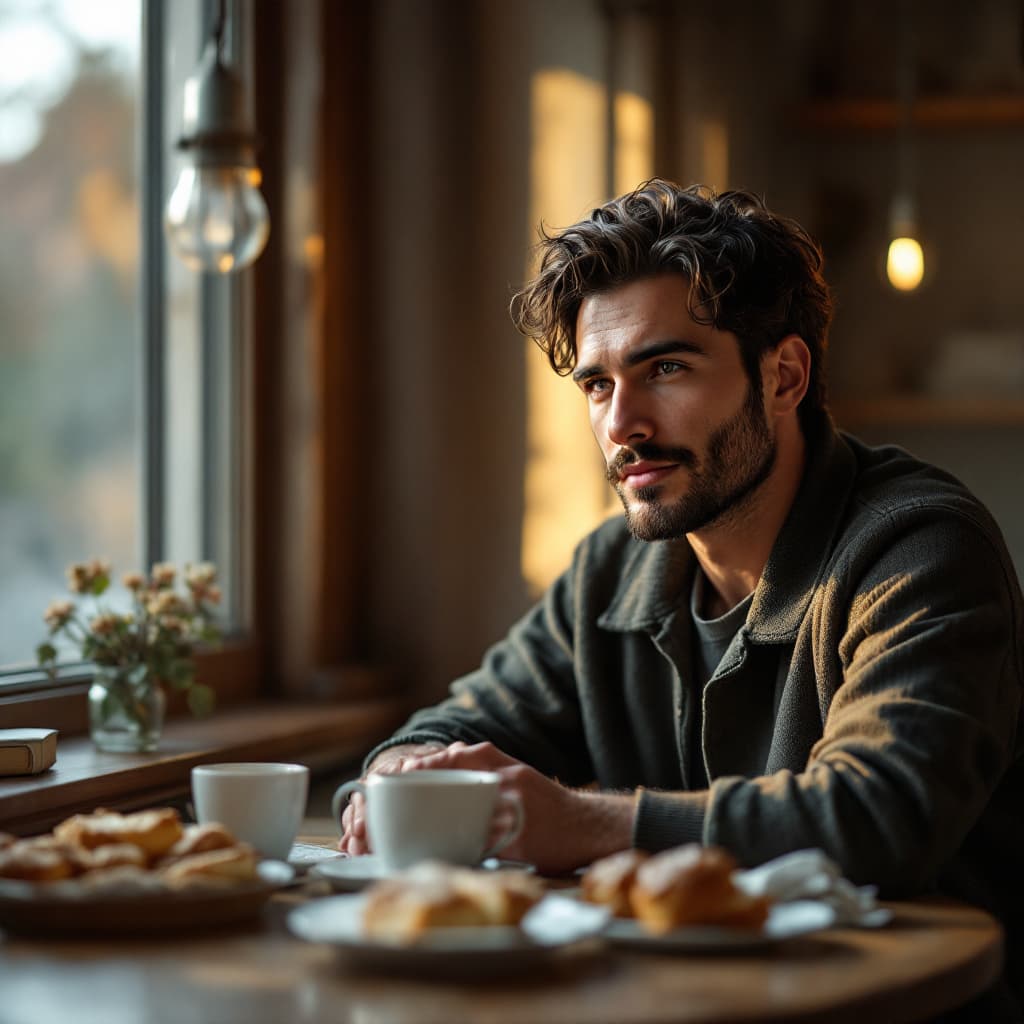 AI generated: Portrait of a mid-30s man enjoying breakfast at a cozy dining table, cinematic, photorealistic, shor...