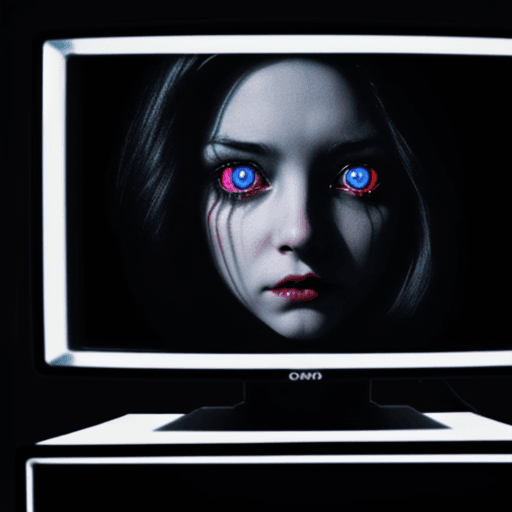 AI generated: girl with spooky glowing eyes closeup, crawling out a tv screen,  vintage tv set like in the movie "...