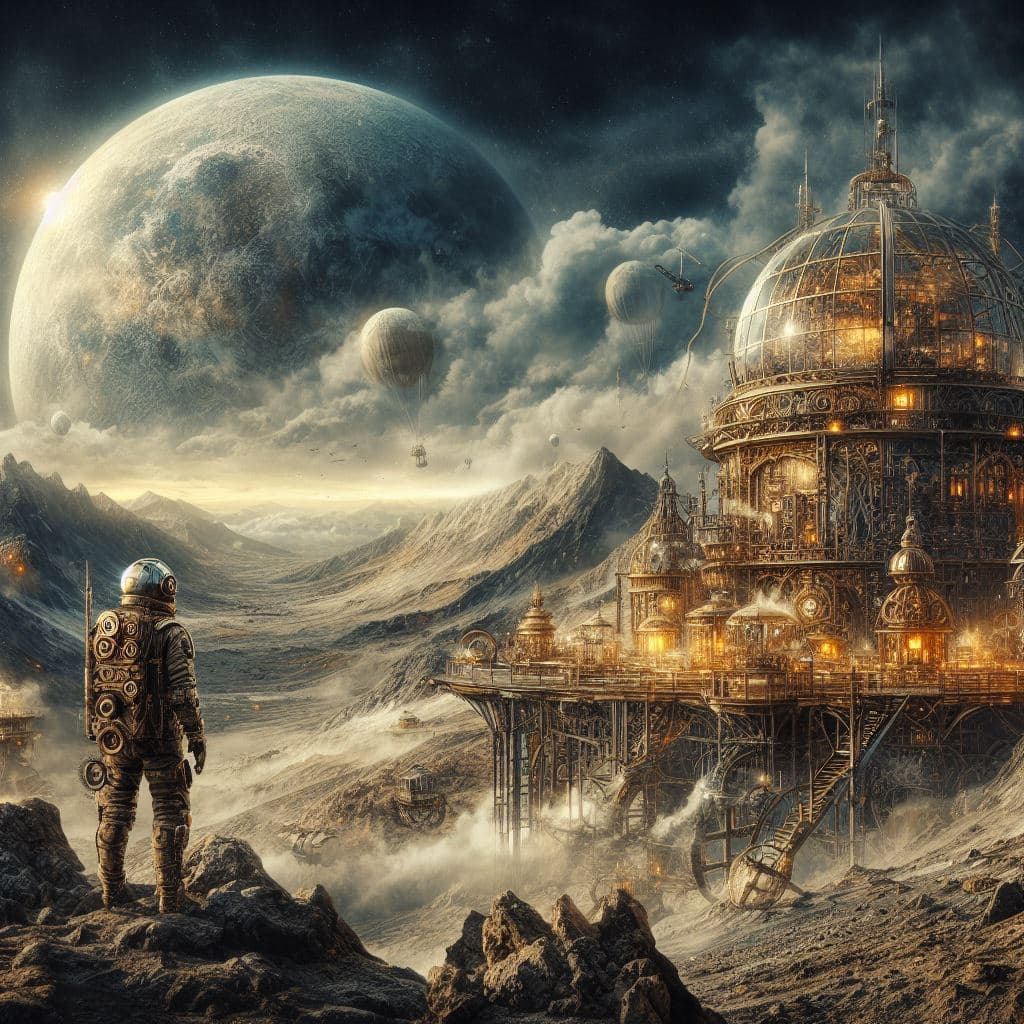 AI generated: a steampunk base on a moon.A steampunk astronaut observes the landscape.A planet can be seen on the ...