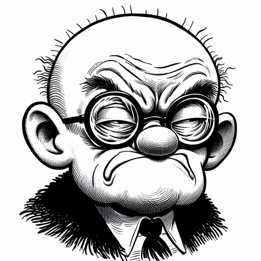 AI generated: Lowbrow art, bald headed grumpy Mr Magoo squinting short-sighted eyes shut. b/w ink sketch cartoon