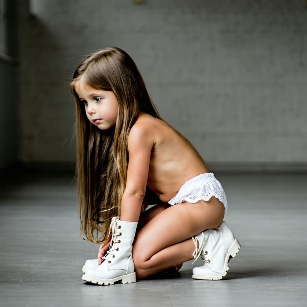 AI generated: a child girl with long hair in white boots and bare cheast on her hands and knees in a grey room, an...