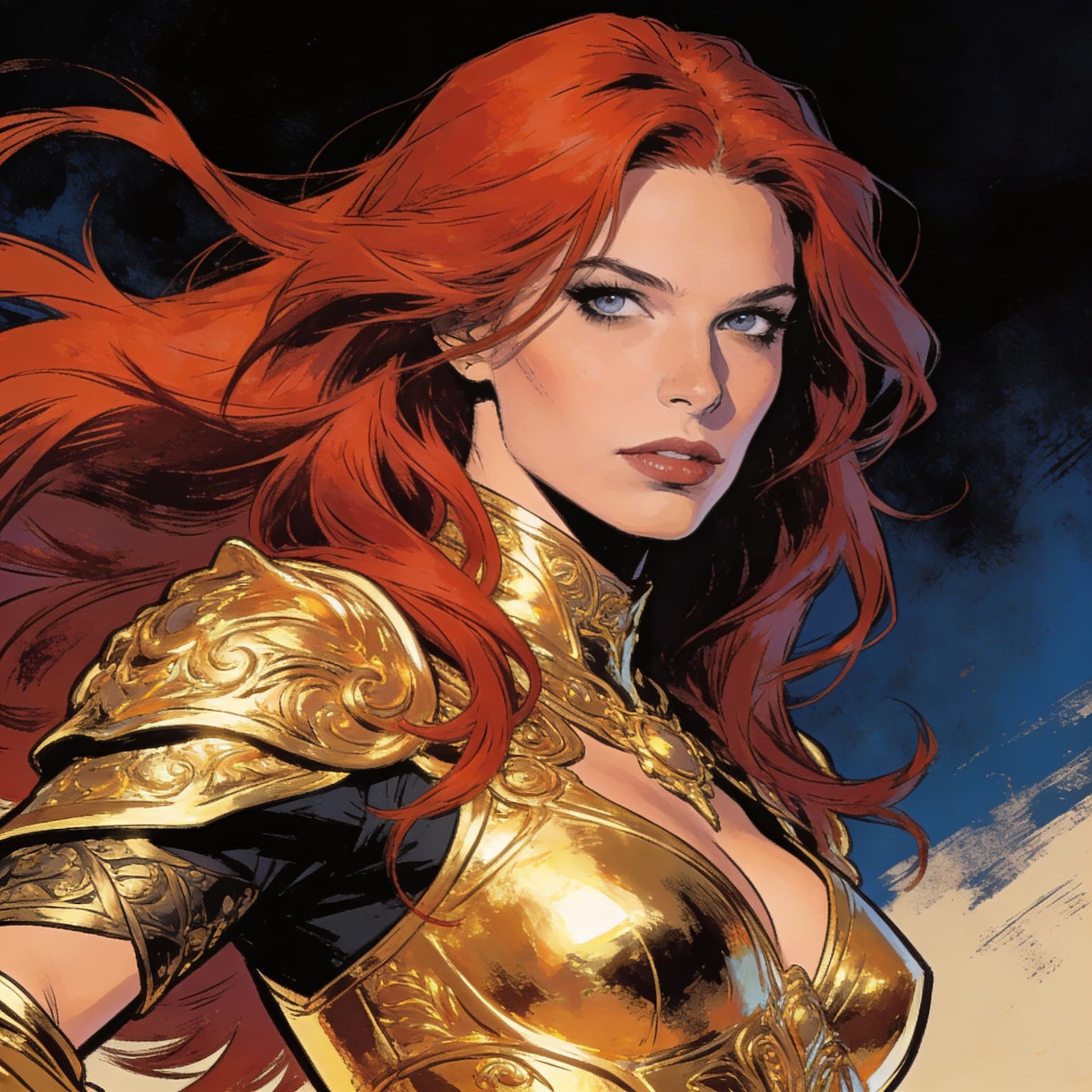 AI generated: a woman with long red hair in a gold painting, in the style of charlie bowater, dark blue and dark b...