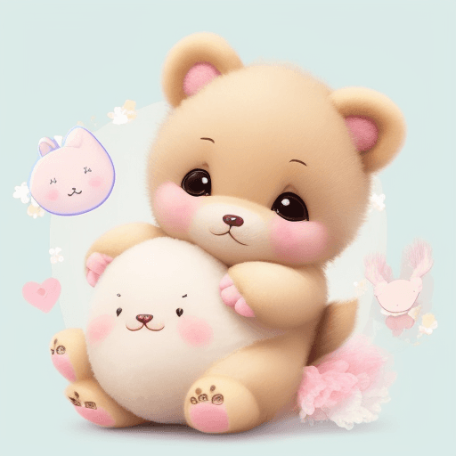 AI generated: un joli petit animal tout doux , un peu kawaii qui serre un ourson en peluche dans ses bras
