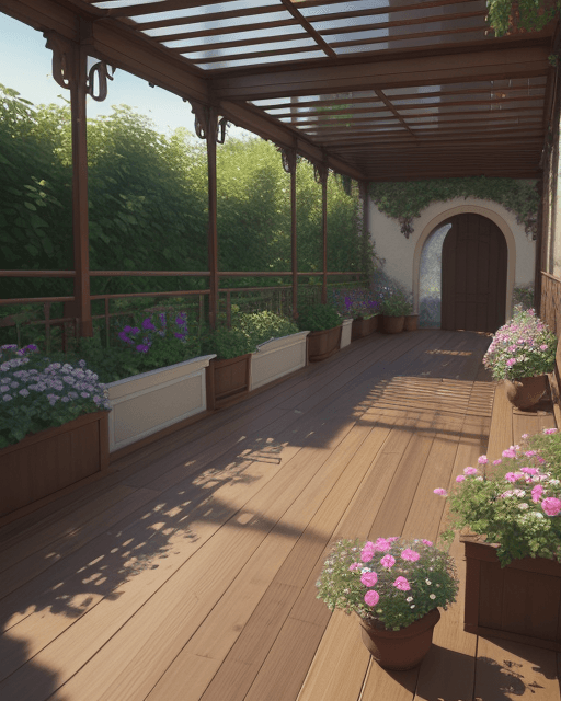 AI generated: Garden 1 meter long by 1 meter wide located on a balcony with a 1 meter parapet and with brown woode...