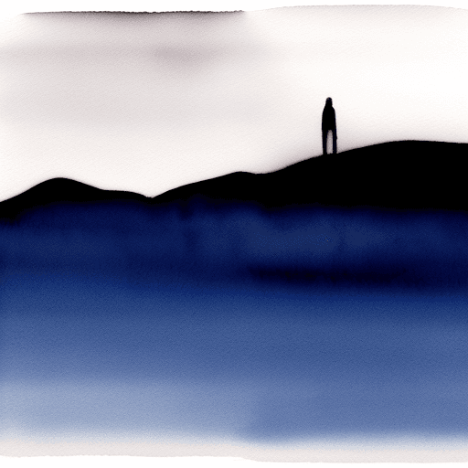 AI generated: A stunning minimalist watercolor painting of a solitary figure standing amidst a vast, empty landsca...