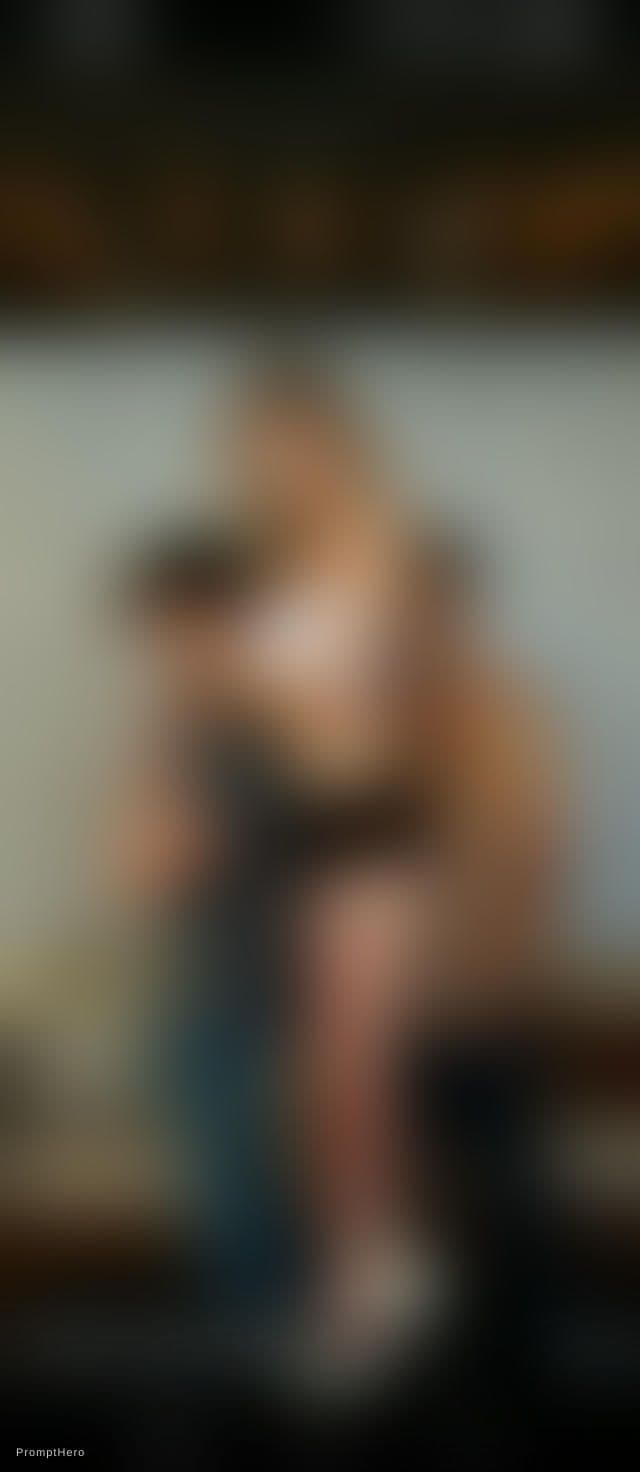 AI generated: Ugly fat men left and right of her holding her neck. Woman looking at the camera. Very short skimpy ...