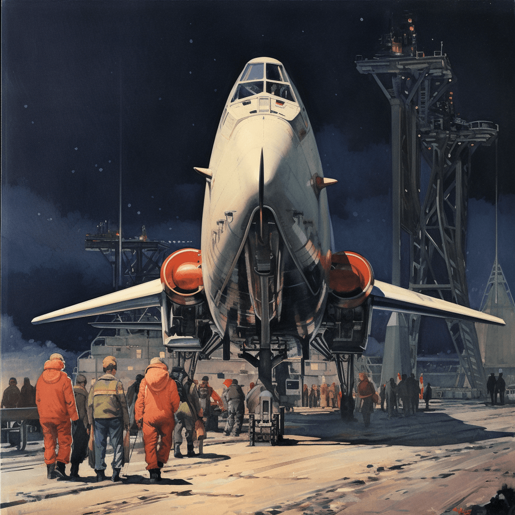 AI generated: students of the soviet academy of the distant communist future on an excursion on the tarmac to the ...