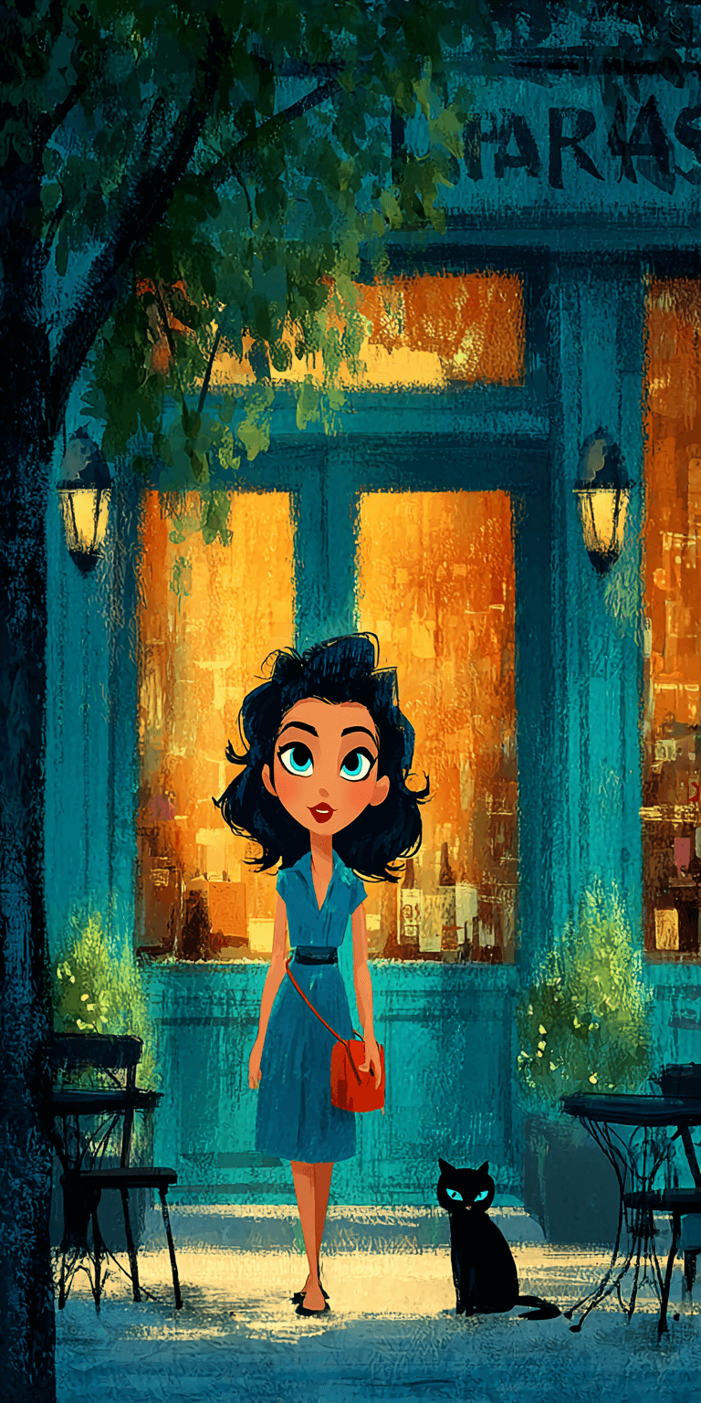 AI generated: an illustration of a girl walking down a street, in the style of disney animation, pre-world war ii ...