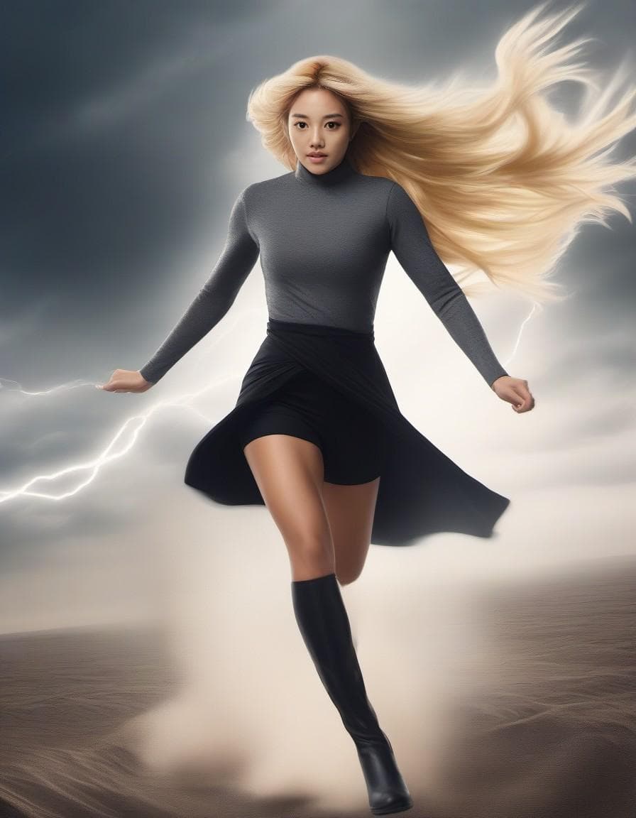 AI generated: masterpiece, best quality, agrias, grey sweater, black leotard, twirl, spin, blonde hair, superhero,...