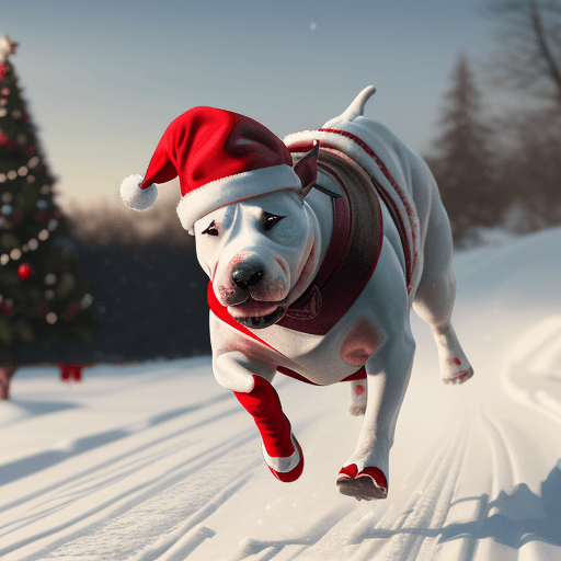 AI generated: Bull terrier in christmas attire, with funky hat, running after Santa's sleigh taking off, hyperreal...