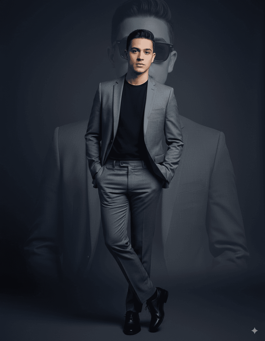 AI generated: "A stylish young man wearing a modern slim-fit grey suit with a black t-shirt inside, standing confi...