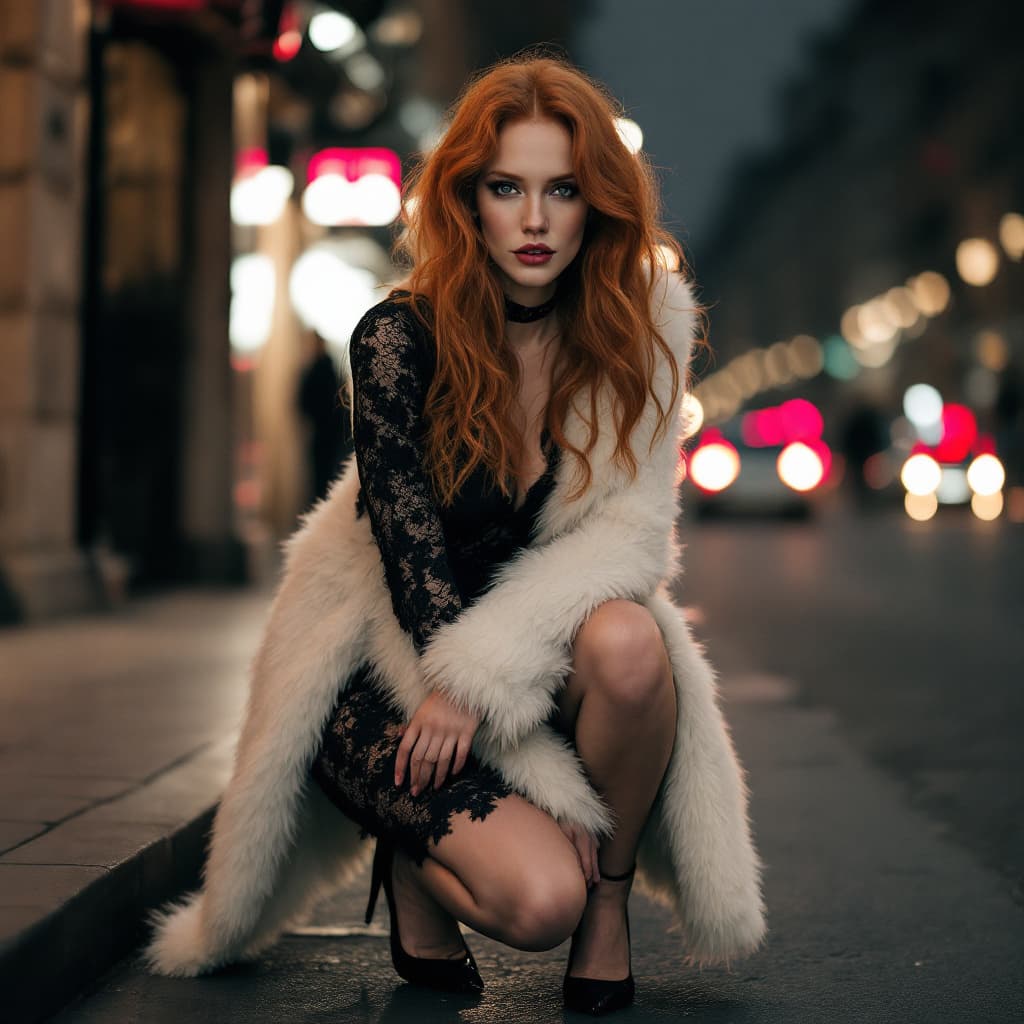AI generated: a ginger woman Jessica Chastain, very long wavy ginger hair, wears a dress in black lace fabric, whi...
