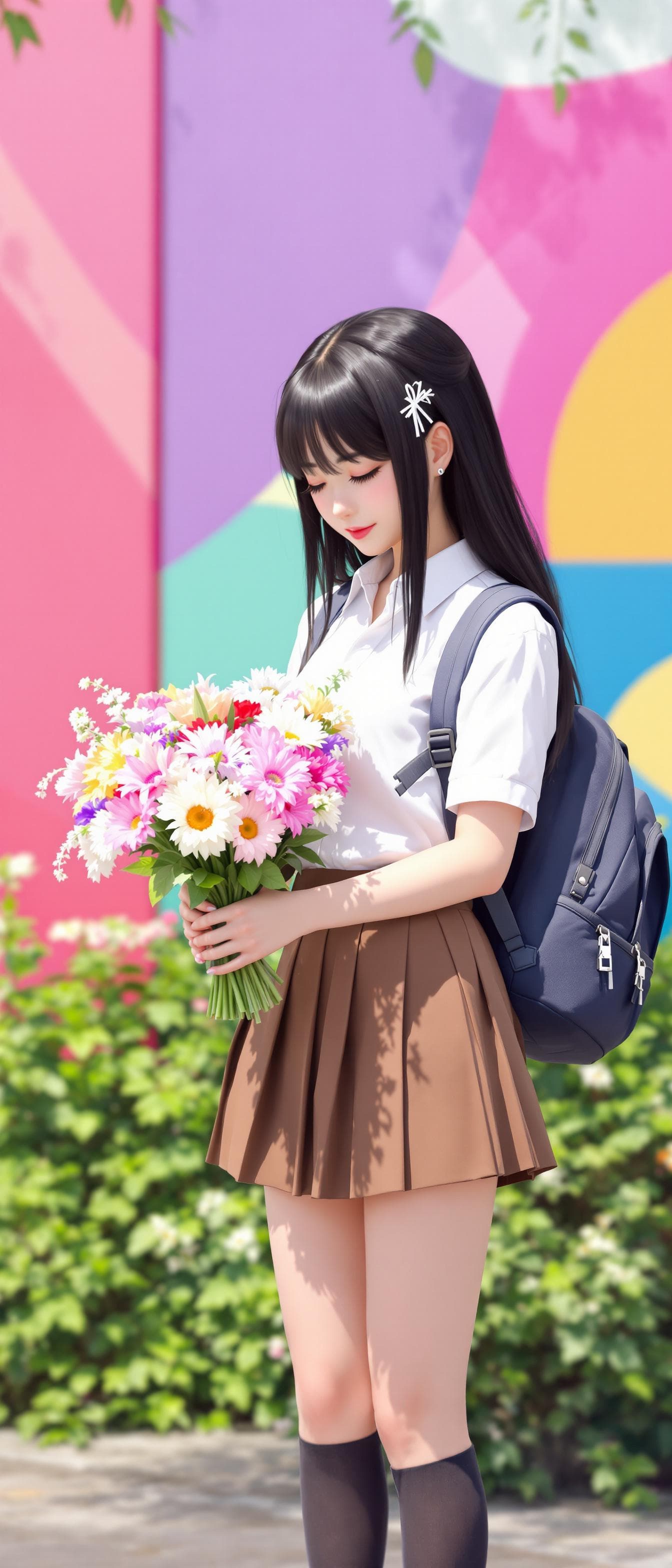 AI generated: In the image, ((full body:1.4)), a 3D animation s seen standing outdoors, Lowering the face to the s...