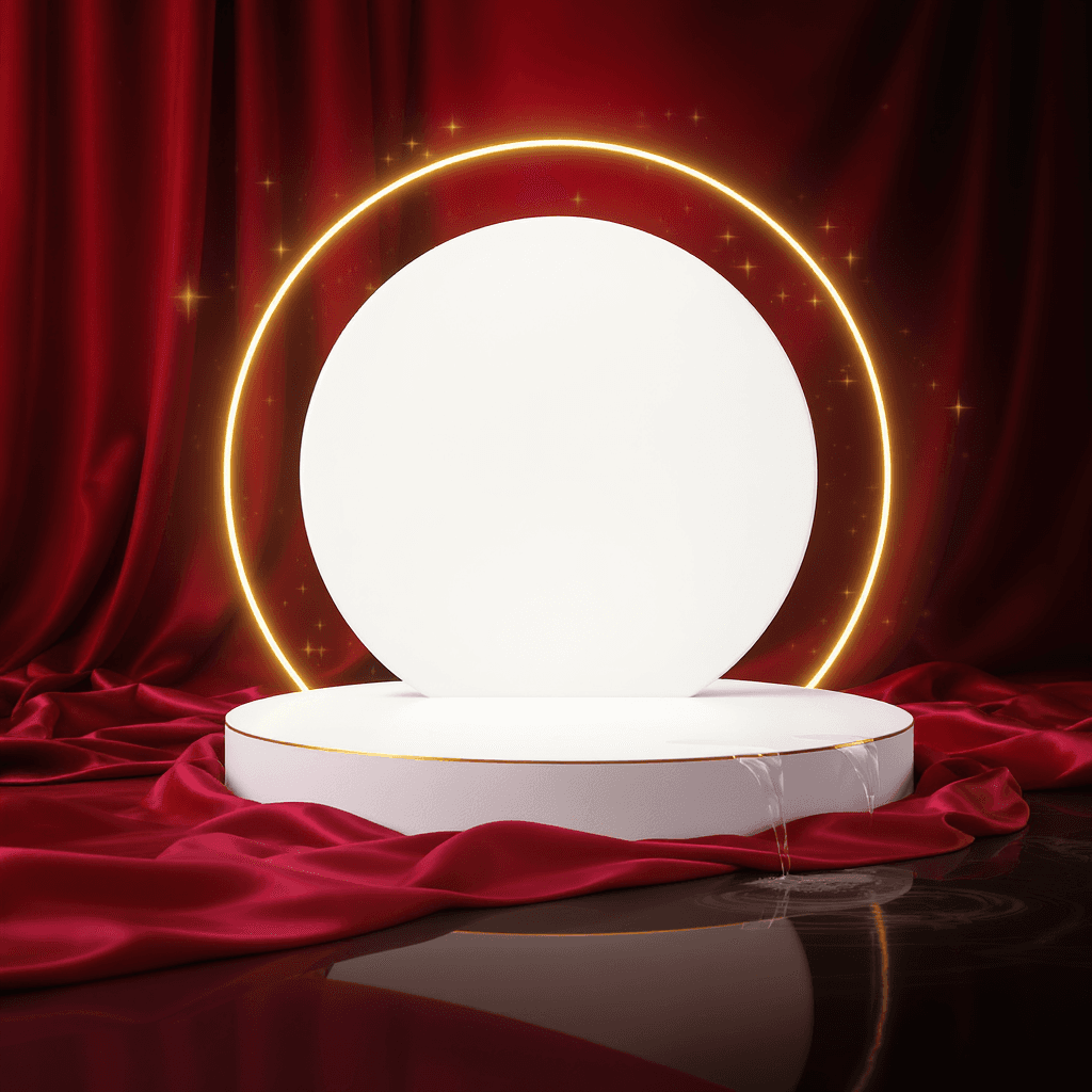 AI generated: dark crimson red silk background, empty white color platform for the product to be on, golden arc ar...