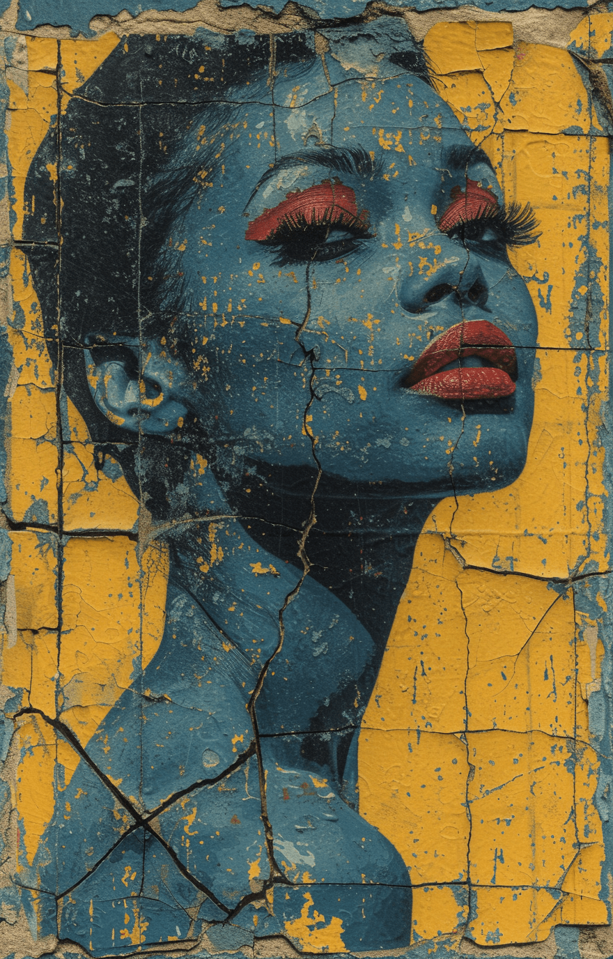 AI generated: a woman's silhouette on a blue canvas, in the style of dark yellow and dark red, graphic design-insp...