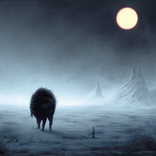 AI generated: Starvation black monster wolves with red eyes, fight in the ice age Scenery, : concept art::1 cyberp...