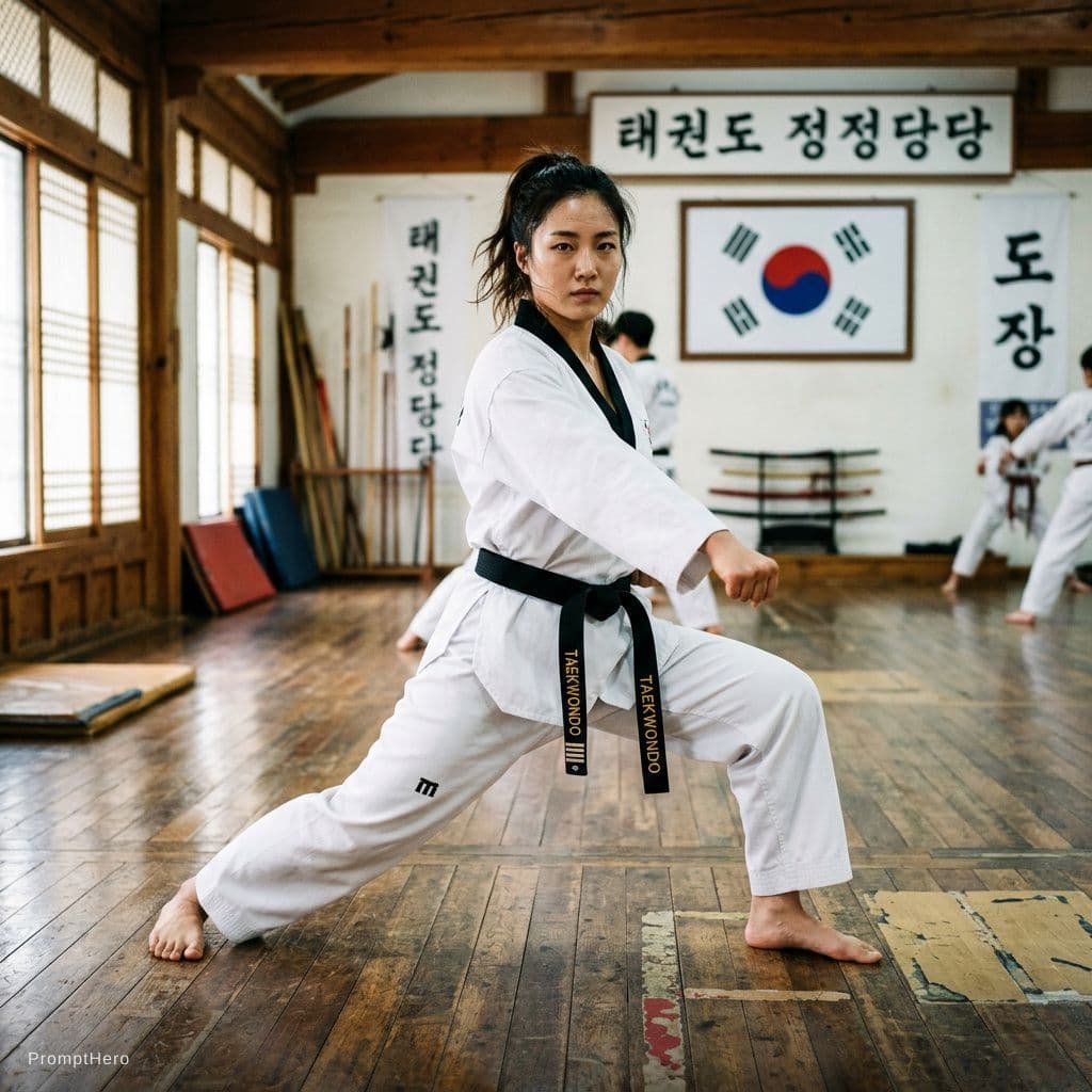 AI generated: a beautiful woman doing taekwondo tiger stance