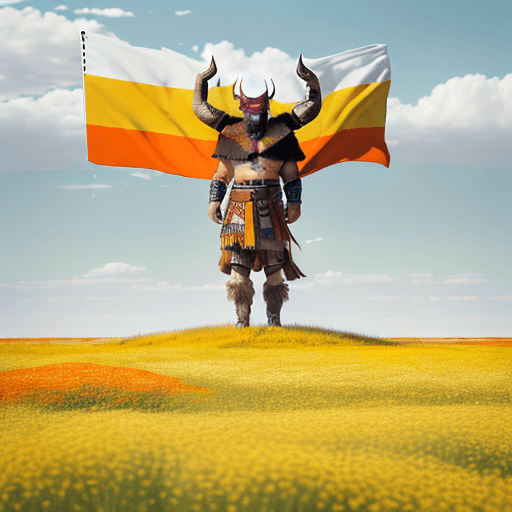 AI generated: The half man, half bison warrior stands atop a bone-white mountain. As the prairie winds whisper, th...
