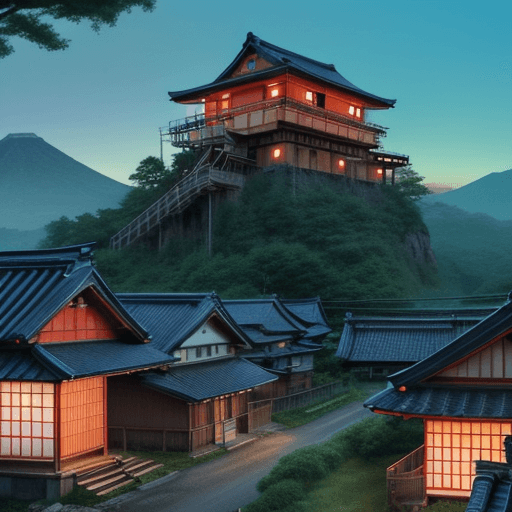 AI generated: anime cartoon style painting of an idyllic japanese house with neon signs in the country side with l...