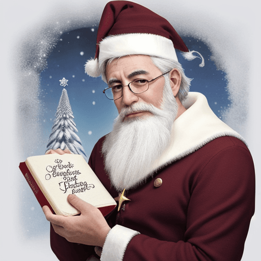 AI generated: Papa noel con un libro de leyes en la mano, fondo nevado y felicitando la navidad