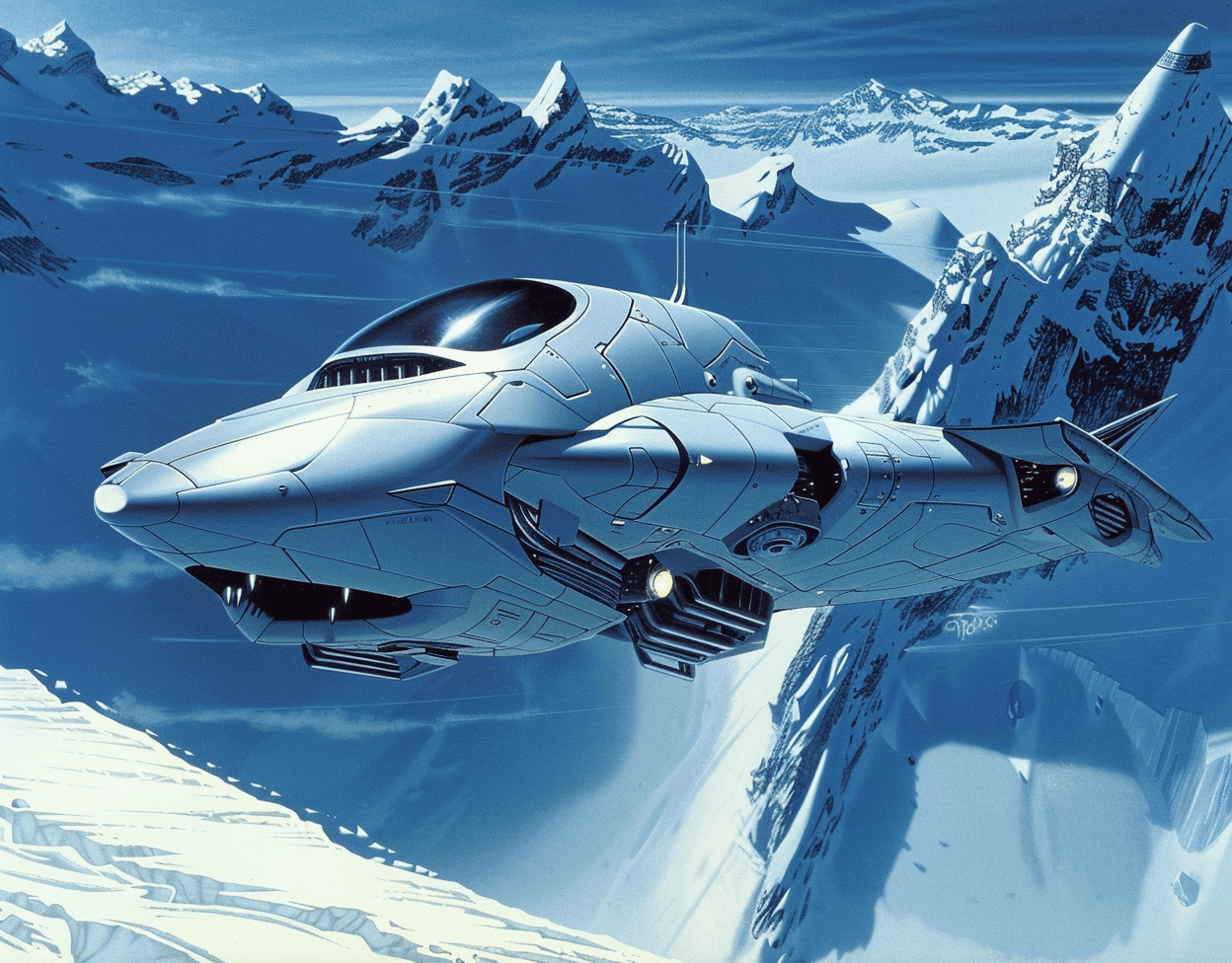 AI generated: alien flying vehicle, with a blue and white background and icy mountains in the distance, illustrate...