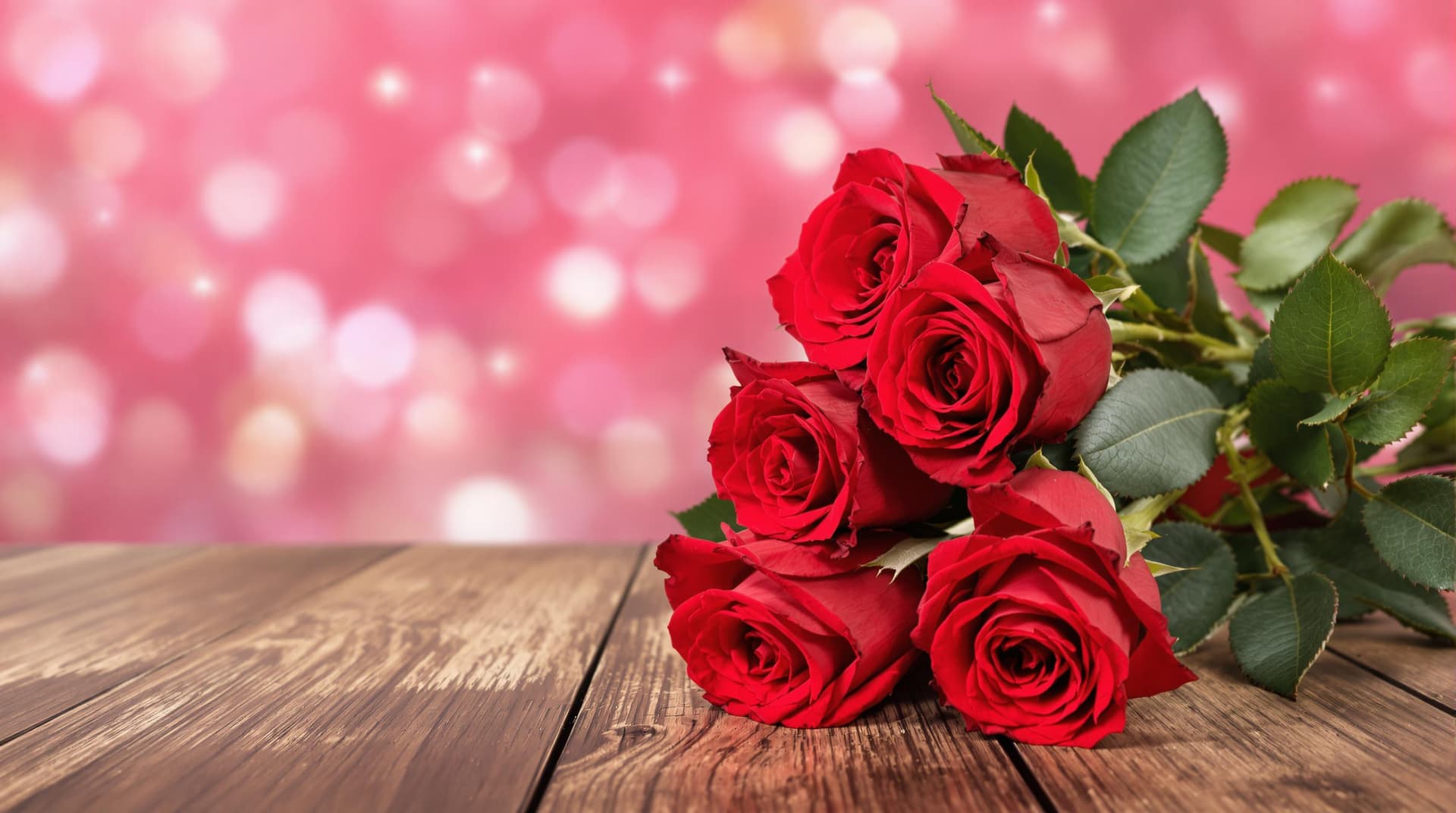 AI generated: Red roses bouquet, wooden surface, pink bokeh background, romantic atmosphere, Valentine's Day theme...