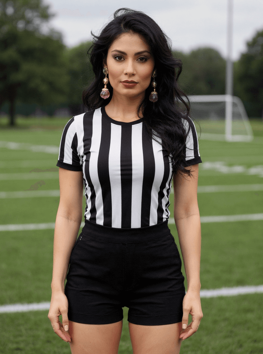 AI generated: (((gorgeous female))), dressed as football referee, attractive, ((flirting)), standing on football f...
